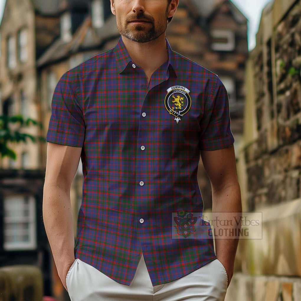 Tartan Vibes Clothing Cumming Tartan Short Sleeve Button Shirt with Family Crest Celtic Skull Style