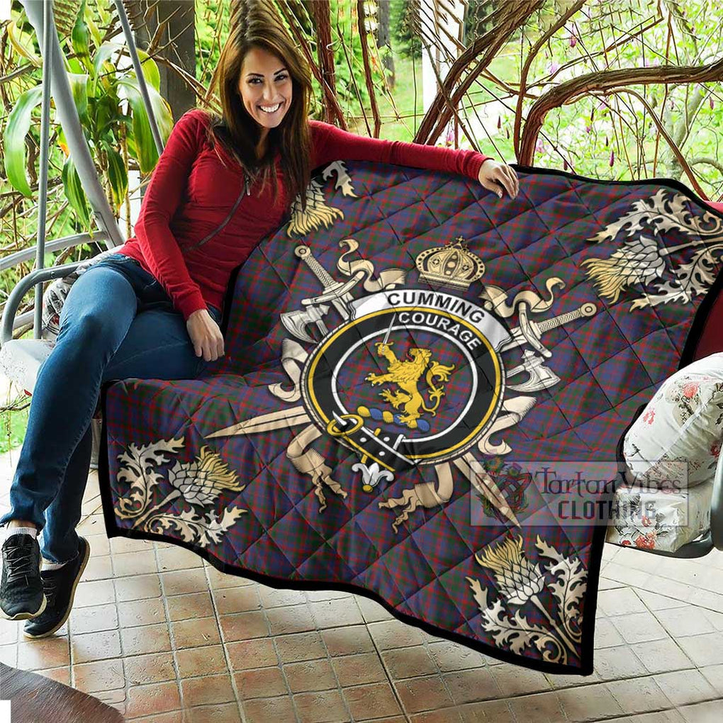 Tartan Vibes Clothing Cumming Tartan Quilt with Family Crest and Scottish Golden Courage Shield