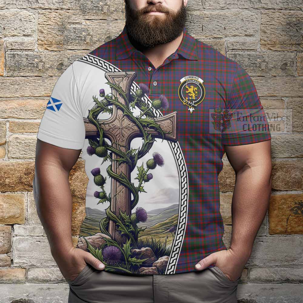 Tartan Vibes Clothing Cumming Tartan Polo Shirt with Family Crest and St. Andrew's Cross Accented by Thistle Vines