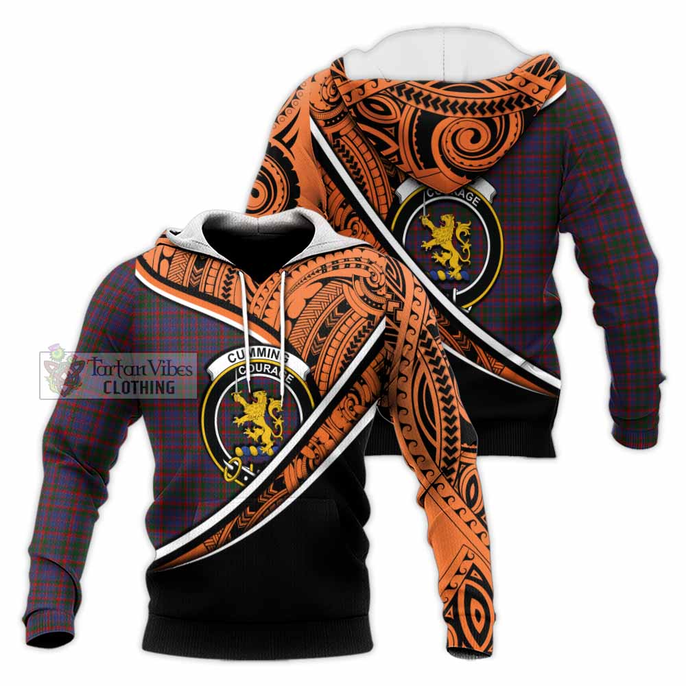 Tartan Vibes Clothing Cumming Crest Tartan Knitted Hoodie with Maori Tattoo Style - Orange Version