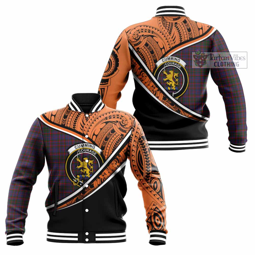 Tartan Vibes Clothing Cumming Crest Tartan Baseball Jacket with Maori Tattoo Style - Orange Version