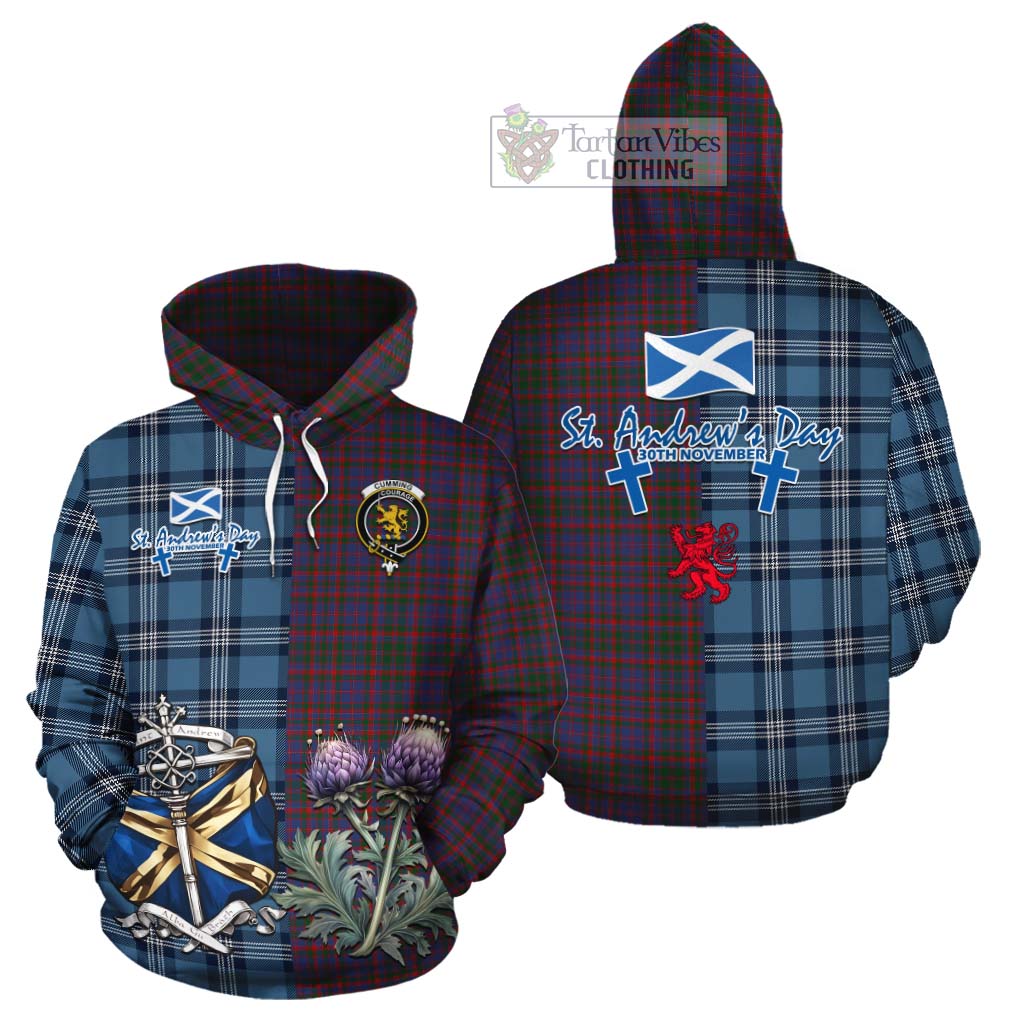 Tartan Vibes Clothing Cumming Tartan Cotton Hoodie Happy St. Andrew's Day Half Tartan Style