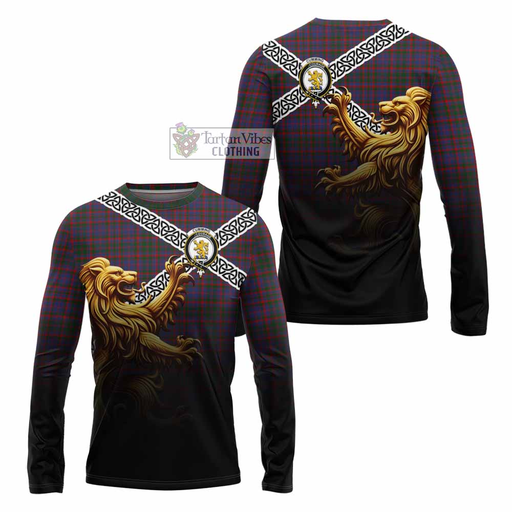 Cumming Crest Tartan Long Sleeve T-Shirt with Golden Lion Emblem Celtic Style - Tartan Vibes Clothing