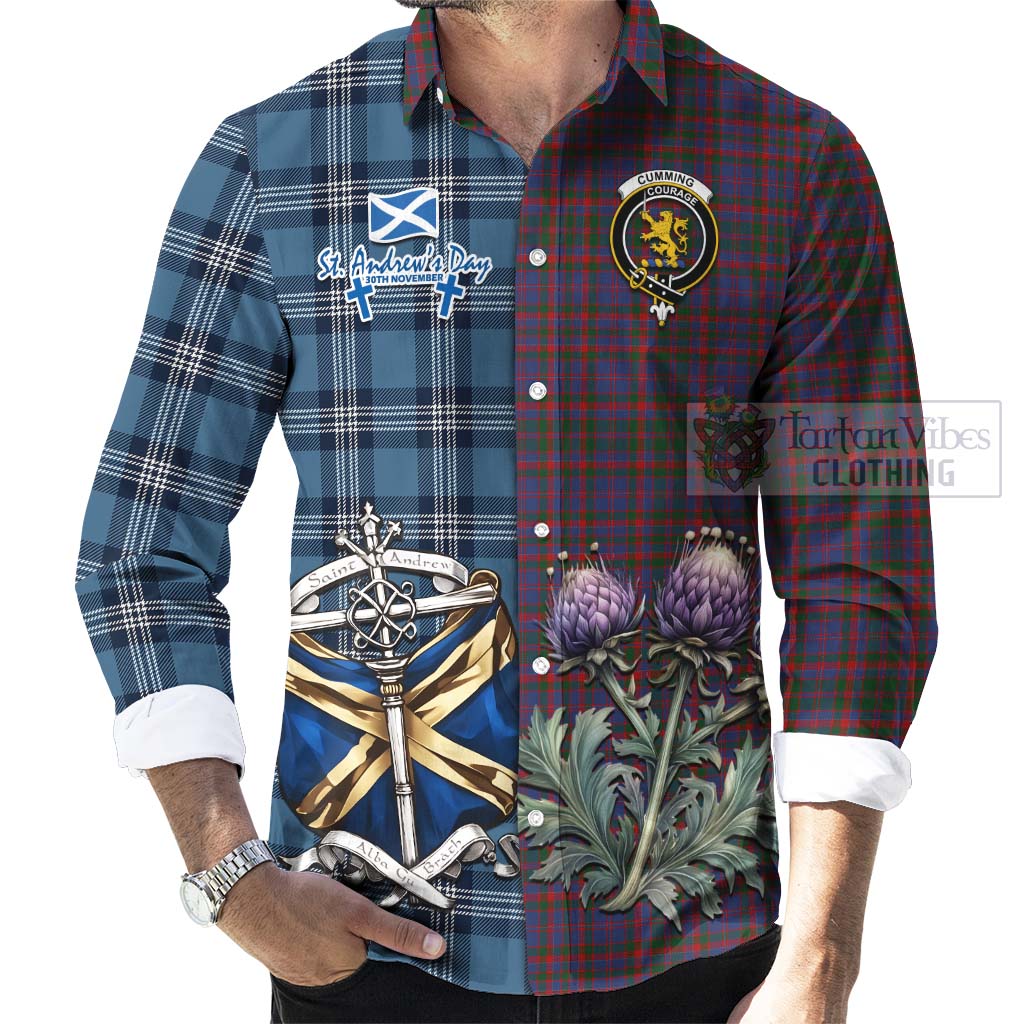 Tartan Vibes Clothing Cumming Tartan Long Sleeve Button Shirt Happy St. Andrew's Day Half Tartan Style