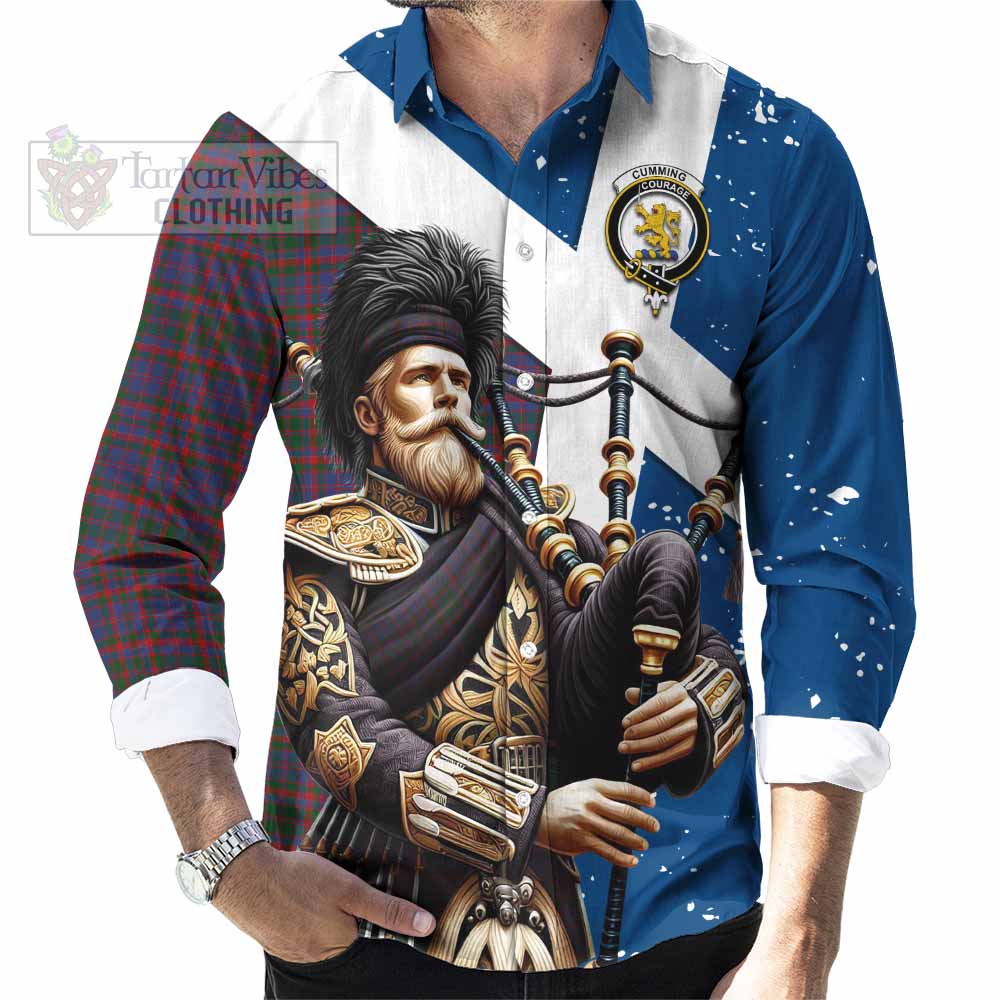 Tartan Vibes Clothing Cumming Tartan Long Sleeve Button Shirt with Family Crest Scottish Bagpiper Vibes