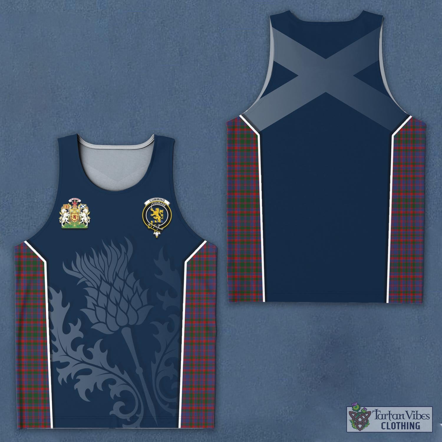 Tartan Vibes Clothing Cumming Tartan Men's Tanks Top with Family Crest and Scottish Thistle Vibes Sport Style