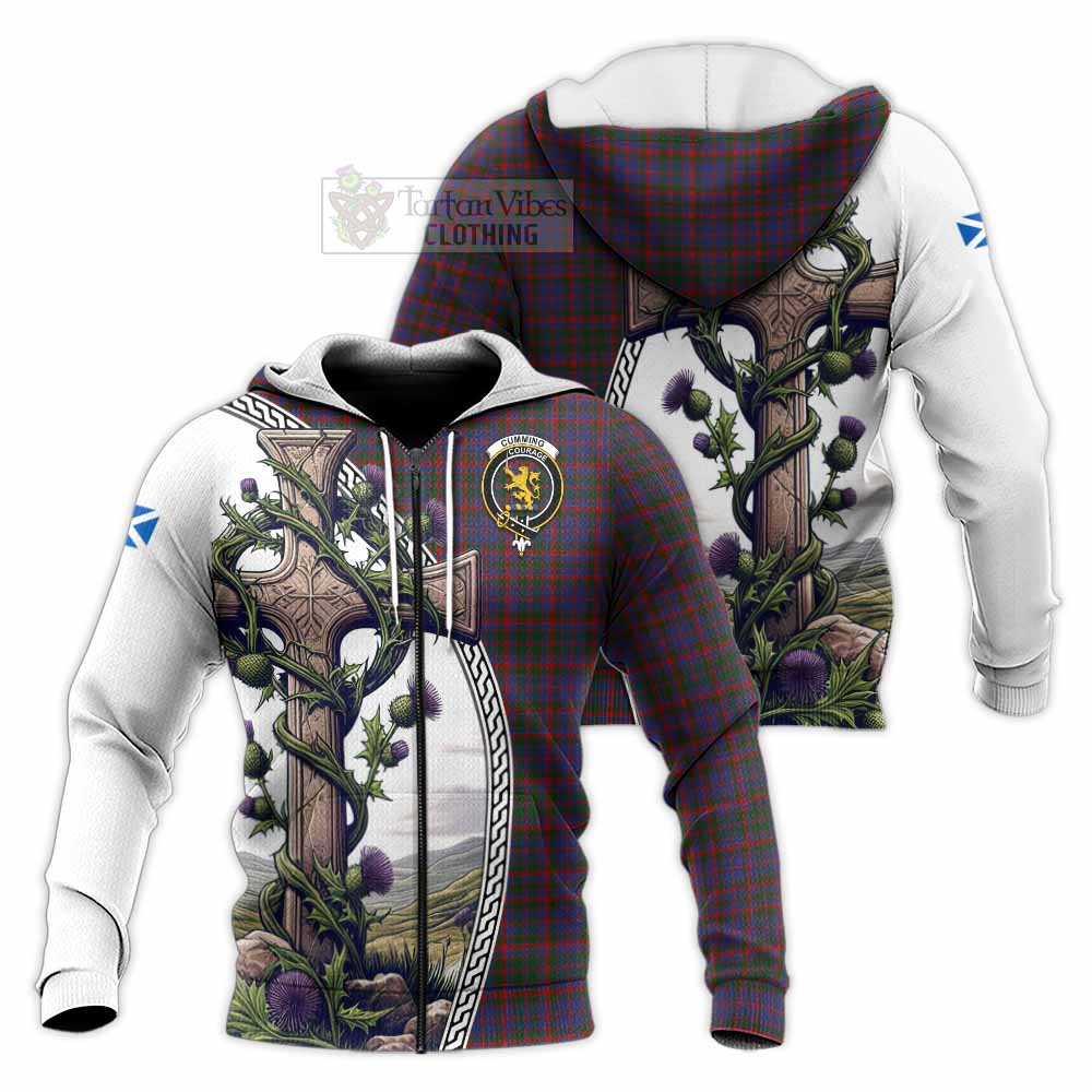 Tartan Vibes Clothing Cumming Tartan Knitted Hoodie with Family Crest and St. Andrew's Cross Accented by Thistle Vines