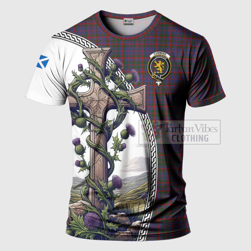 Tartan Vibes Clothing Cumming Agnew Tartan T-Shirt with Family Crest and St. Andrew's Cross Accented by Thistle Vines