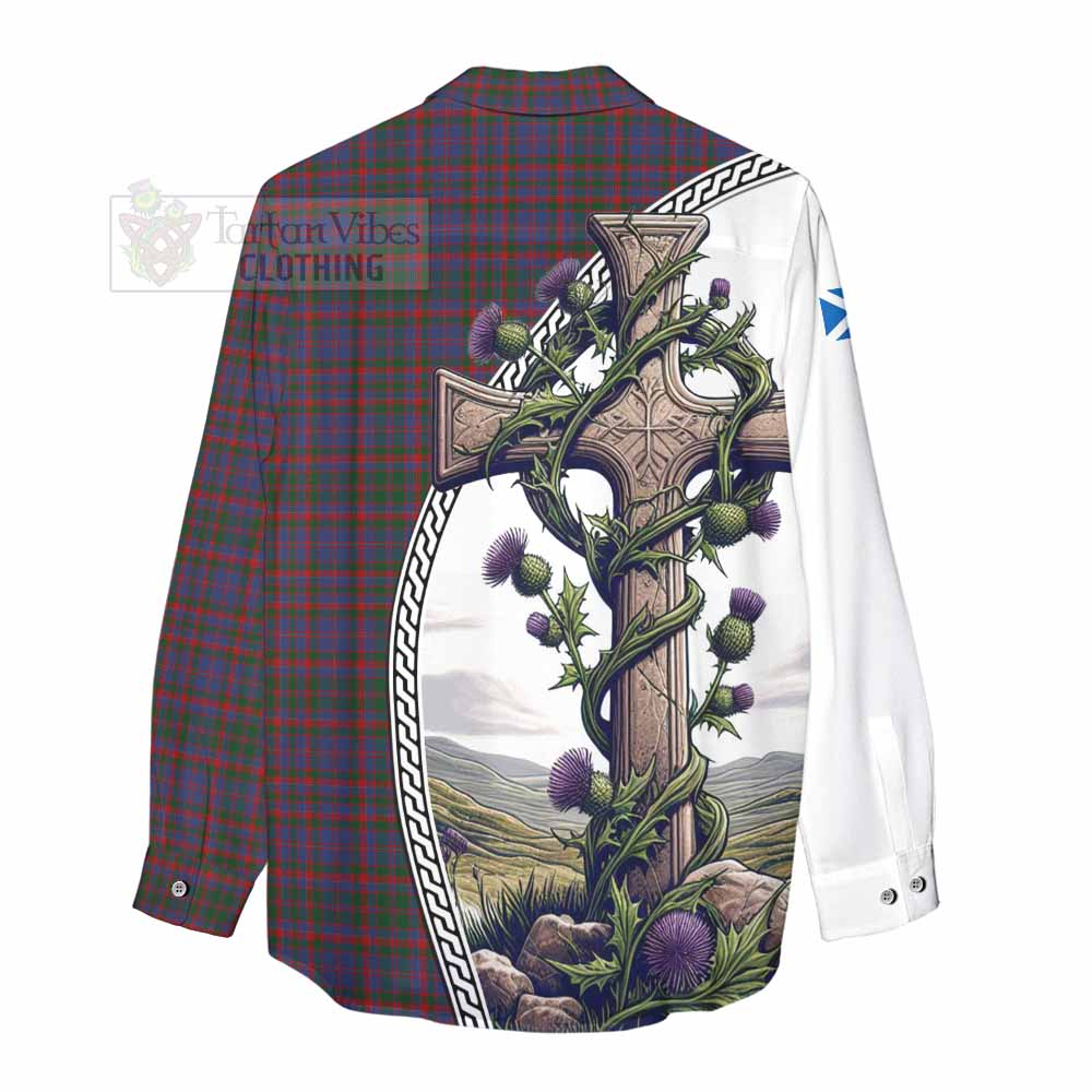 Tartan Vibes Clothing Cumming Tartan Women's Casual Shirt with Family Crest and St. Andrew's Cross Accented by Thistle Vines