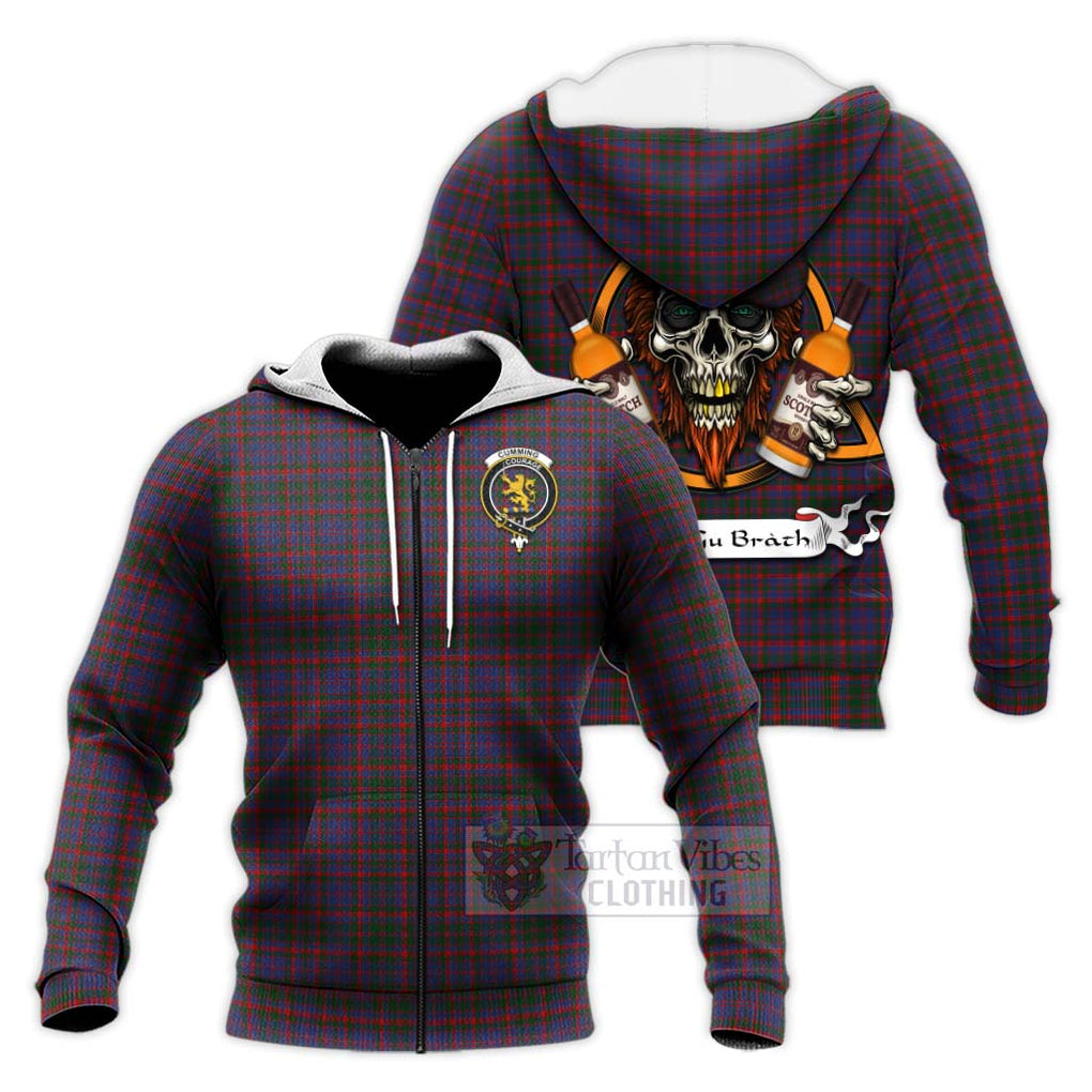 Tartan Vibes Clothing Cumming Tartan Knitted Hoodie with Family Crest and Bearded Skull Holding Bottles of Whiskey