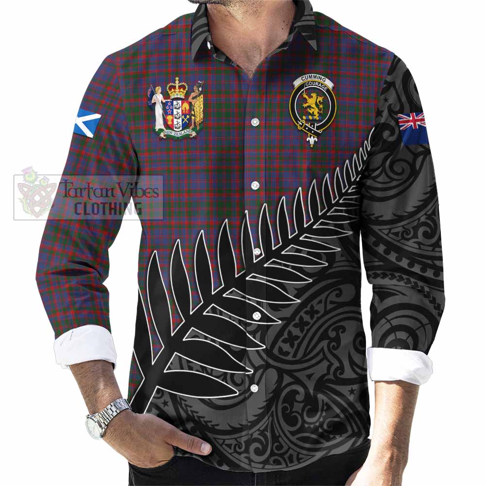 Tartan Vibes Clothing Cumming Crest Tartan Long Sleeve Button Shirt with New Zealand Silver Fern Half Style