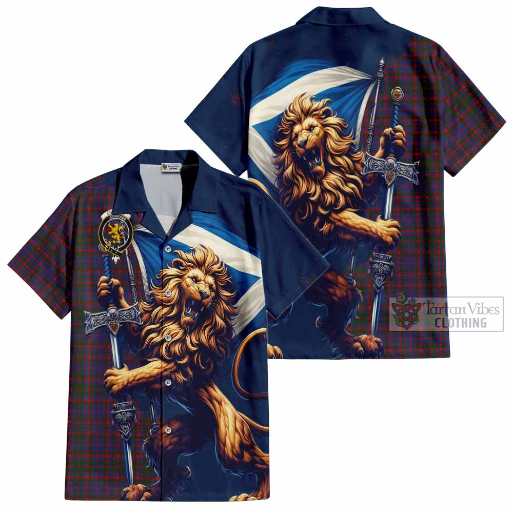 Tartan Vibes Clothing Cumming Tartan Family Crest Short Sleeve Button Shirt with Scottish Majestic Lion