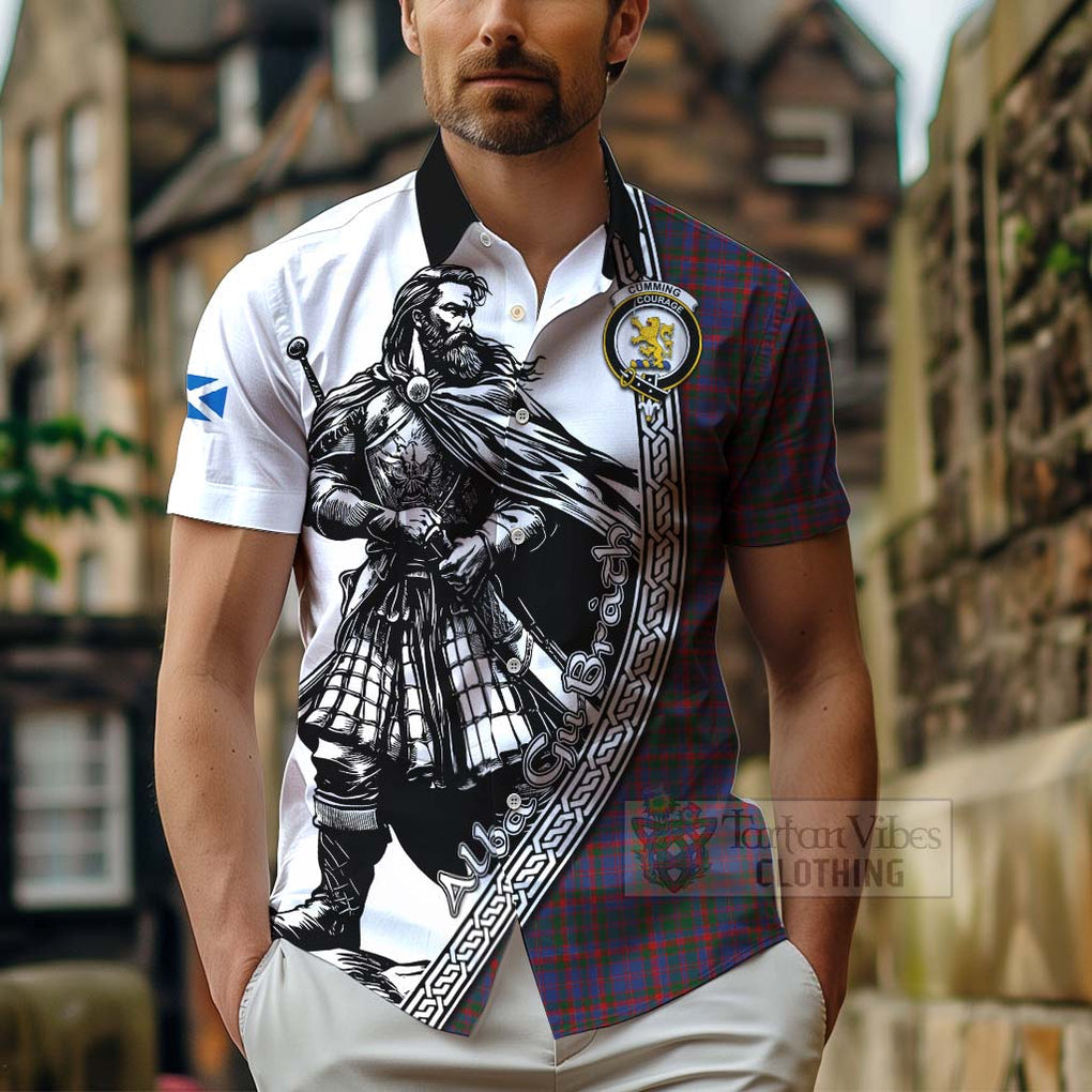 Tartan Vibes Clothing Cumming Tartan Clan Crest Short Sleeve Button Shirt with Highlander Warrior Celtic Style