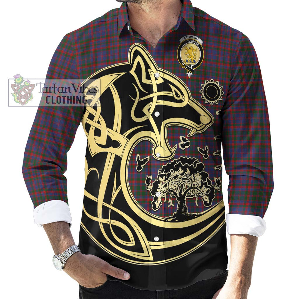 Cumming Tartan Long Sleeve Button Shirt with Family Crest Celtic Wolf Style - Tartan Vibes Clothing