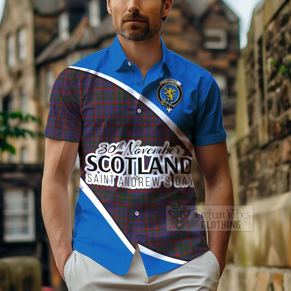 Tartan Vibes Clothing Cumming Family Crest Tartan Short Sleeve Button Shirt Celebrate Saint Andrew's Day in Style