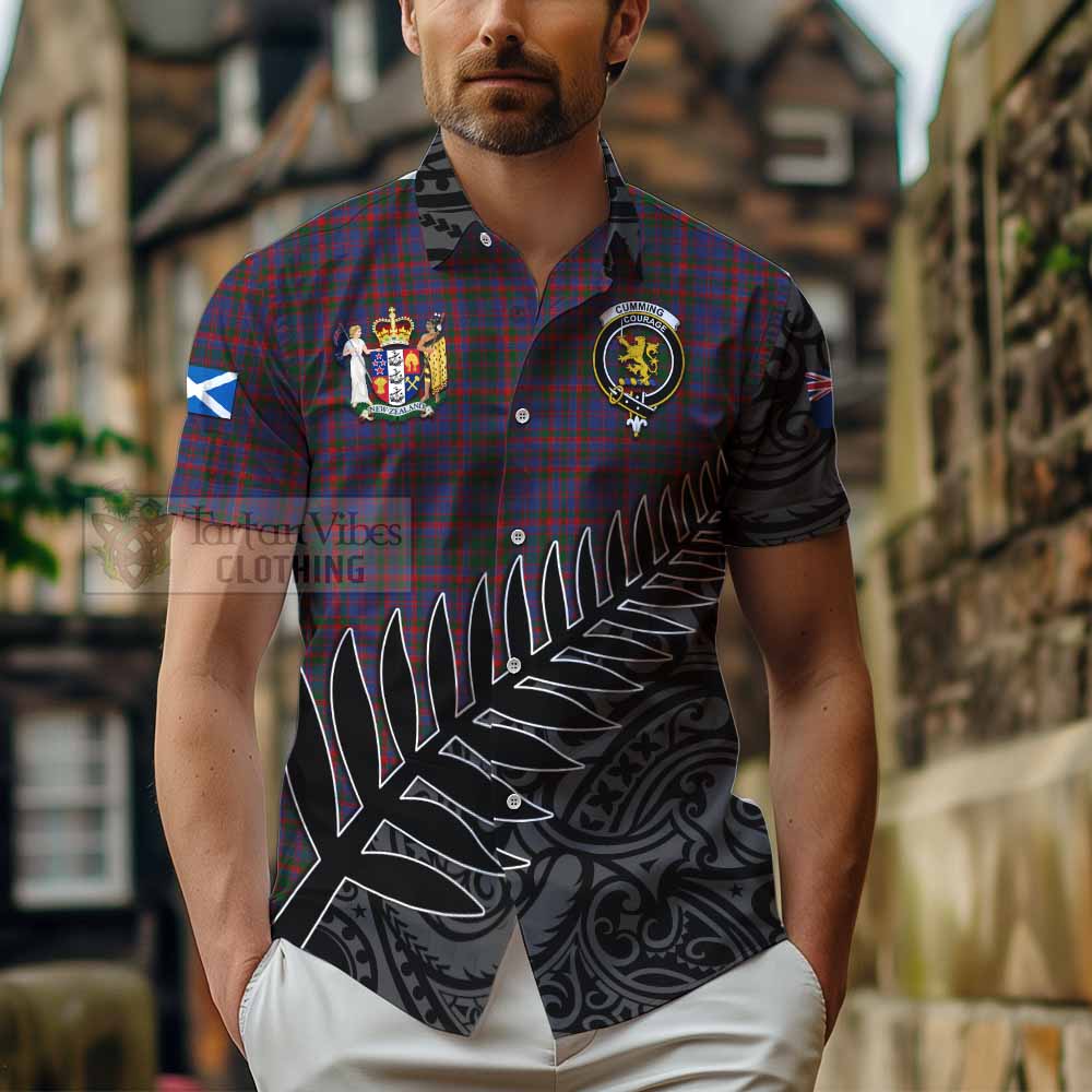 Tartan Vibes Clothing Cumming Crest Tartan Short Sleeve Button Shirt with New Zealand Silver Fern Half Style