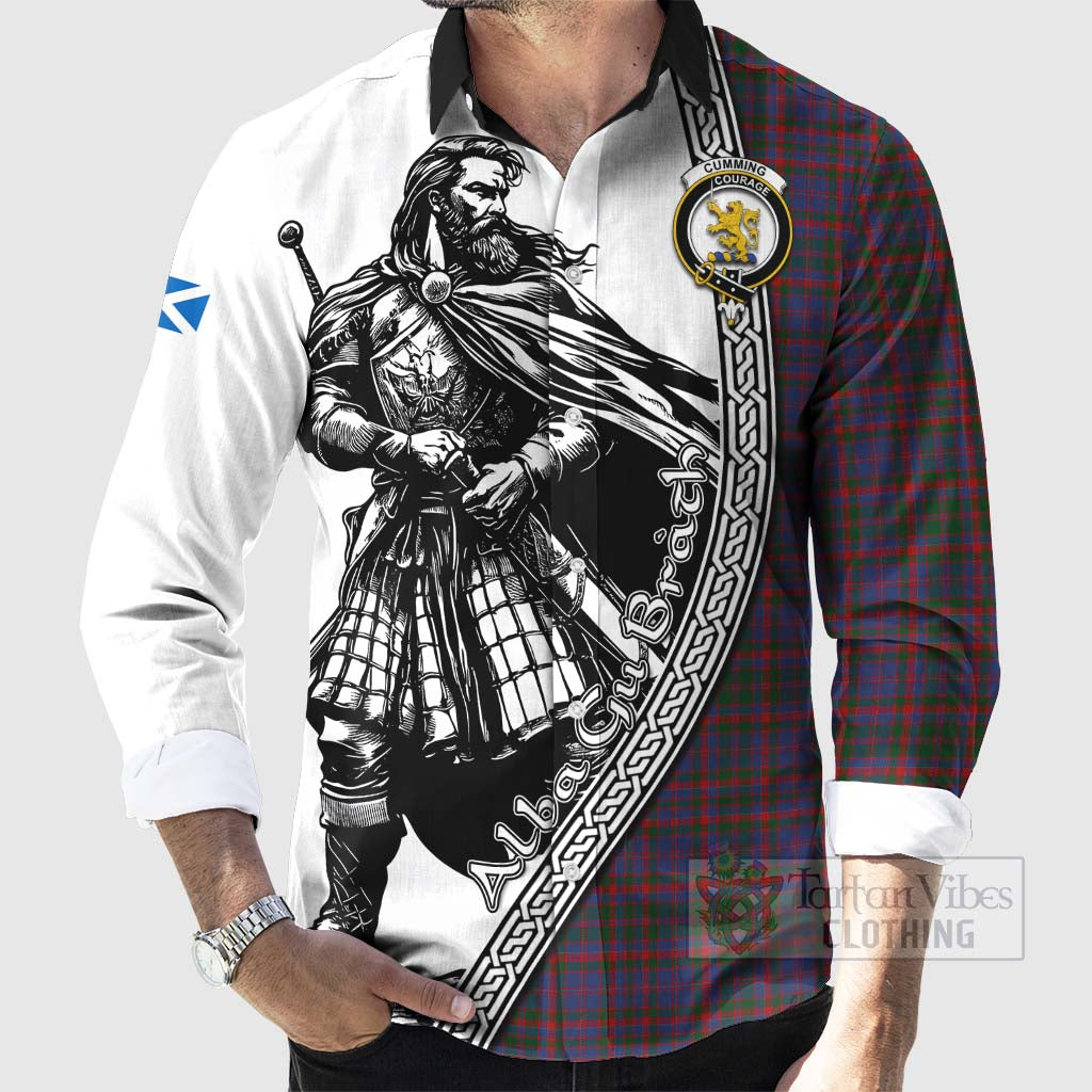 Tartan Vibes Clothing Cumming Tartan Clan Crest Long Sleeve Button Shirt with Highlander Warrior Celtic Style