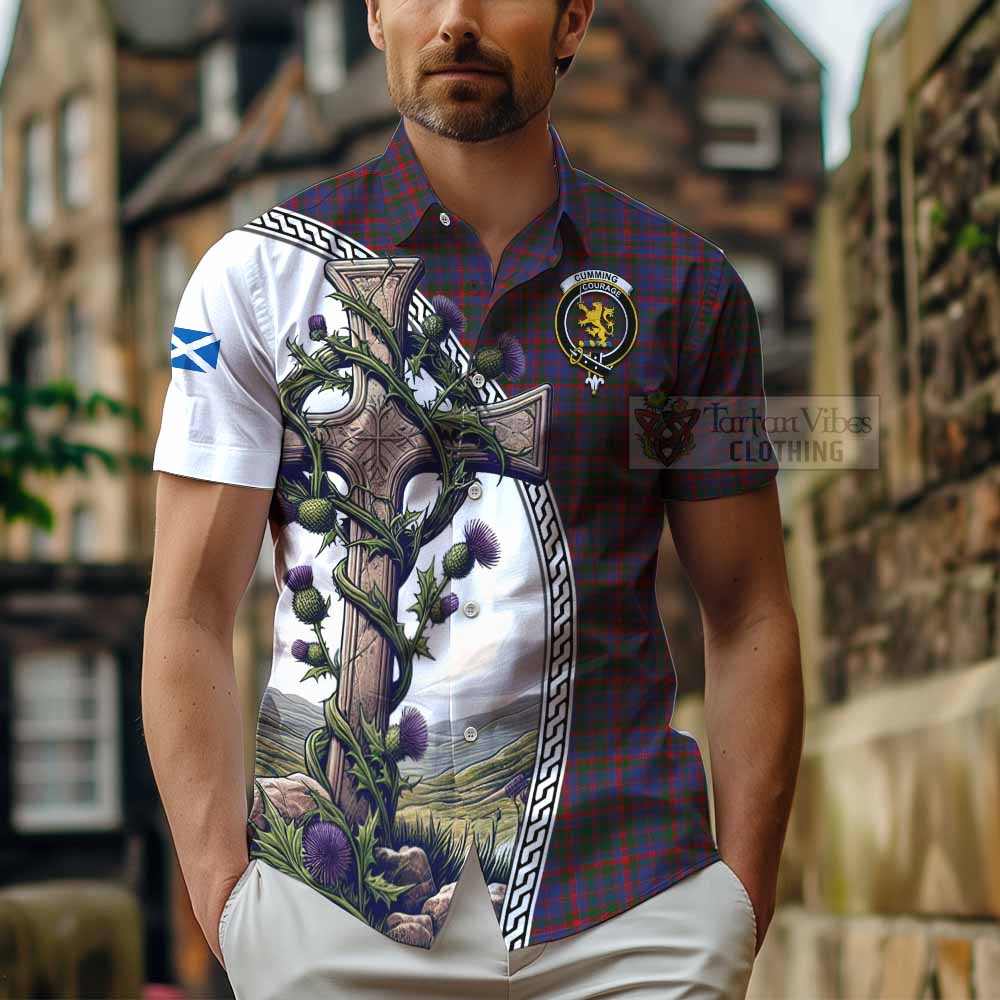 Tartan Vibes Clothing Cumming Tartan Short Sleeve Button Shirt with Family Crest and St. Andrew's Cross Accented by Thistle Vines