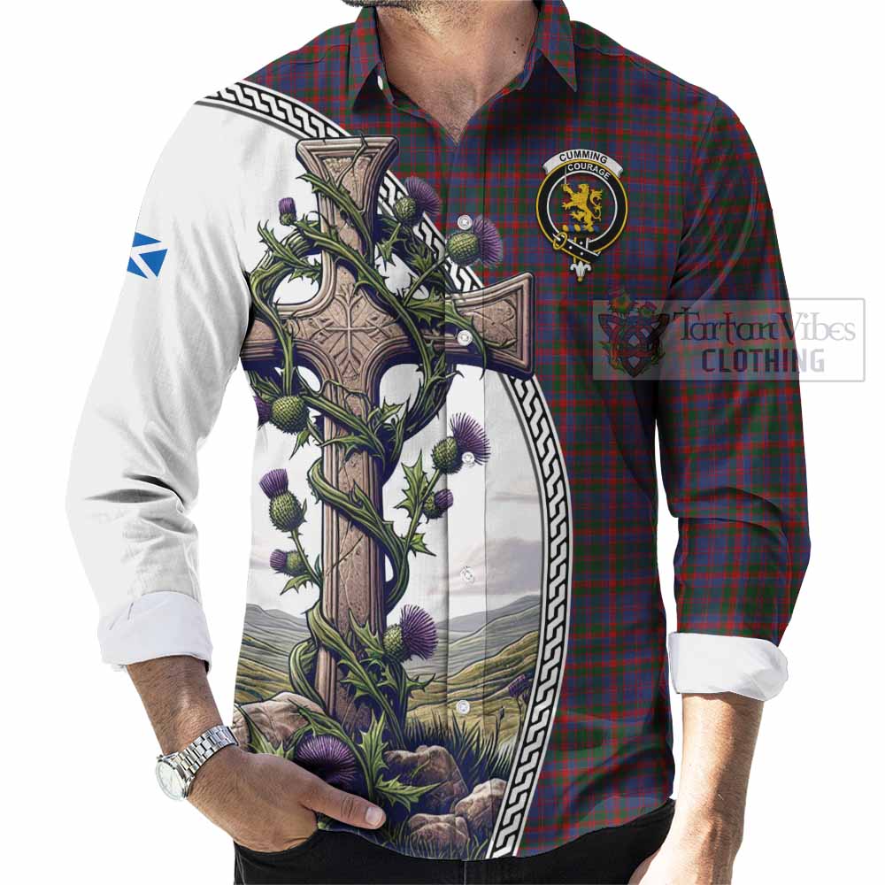 Tartan Vibes Clothing Cumming Tartan Long Sleeve Button Shirt with Family Crest and St. Andrew's Cross Accented by Thistle Vines