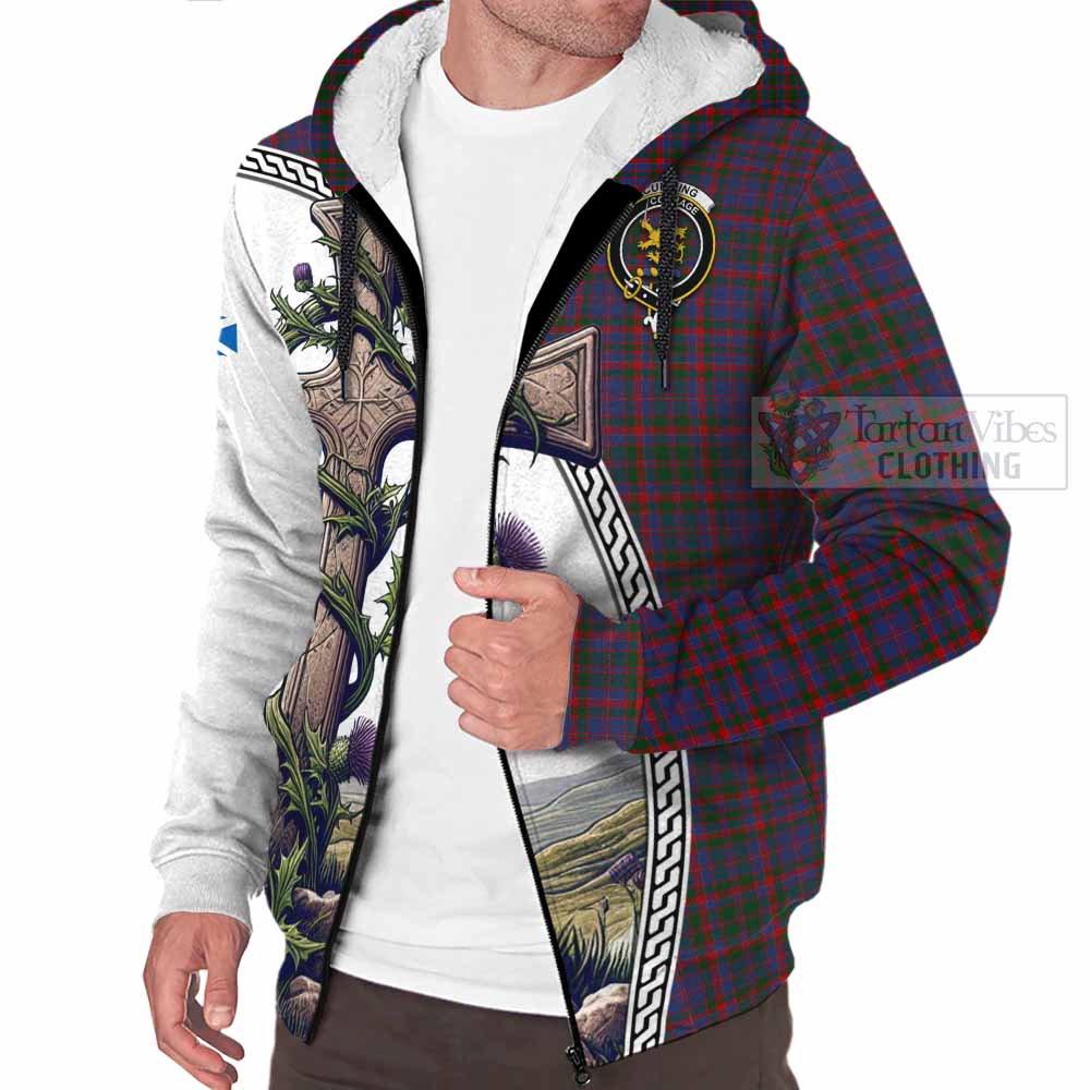 Tartan Vibes Clothing Cumming Tartan Sherpa Hoodie with Family Crest and St. Andrew's Cross Accented by Thistle Vines