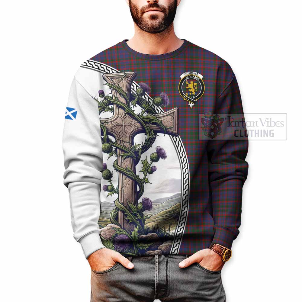 Tartan Vibes Clothing Cumming Tartan Sweatshirt with Family Crest and St. Andrew's Cross Accented by Thistle Vines