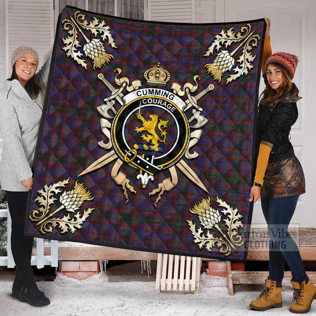 Tartan Vibes Clothing Cumming Tartan Quilt with Family Crest and Scottish Golden Courage Shield