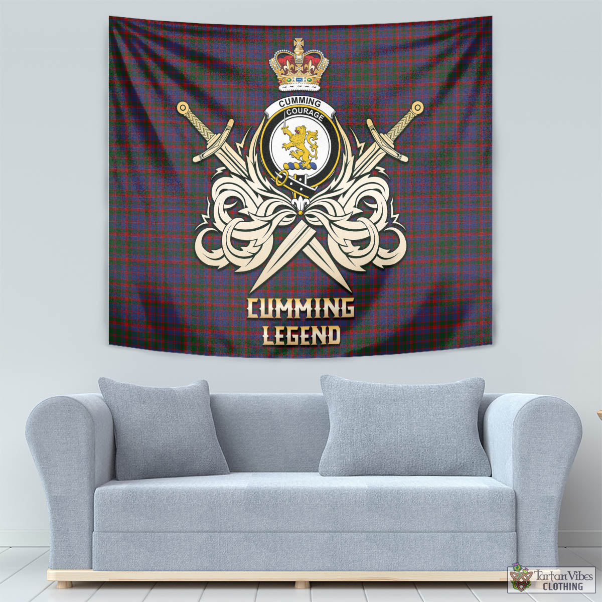 Tartan Vibes Clothing Cumming Tartan Tapestry with Clan Crest and the Golden Sword of Courageous Legacy