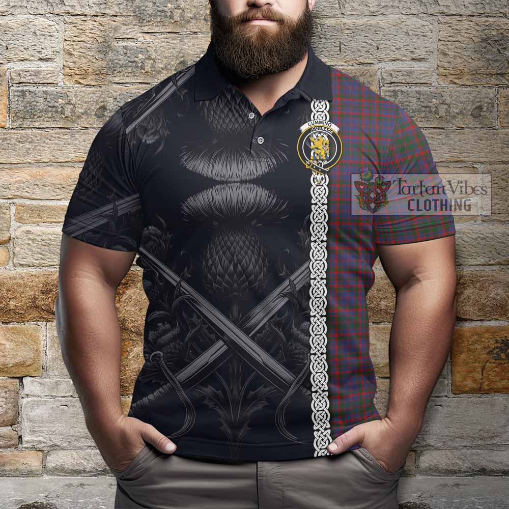 Tartan Vibes Clothing Cumming Tartan Polo Shirt with Family Crest Cross Sword Thistle Celtic Vibes