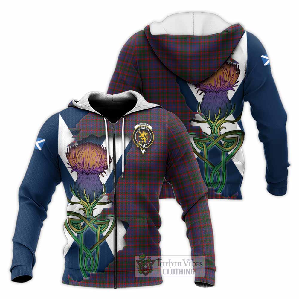 Cumming Tartan Family Crest Knitted Hoodie Scottish Thistle Celtic Inspired Unisex Knitted Zip Hoodie - Tartan Vibes Clothing