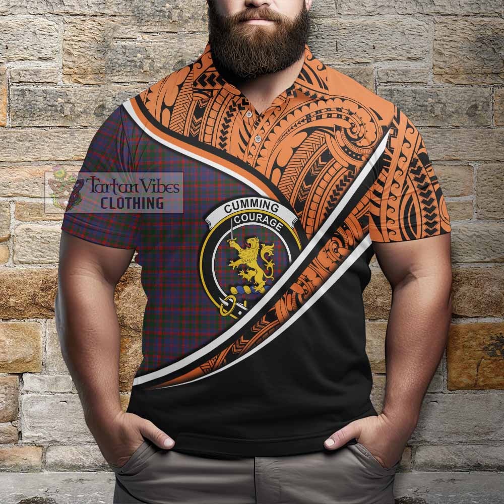 Tartan Vibes Clothing Cumming Crest Tartan Polo Shirt with Maori Tattoo Style - Orange Version