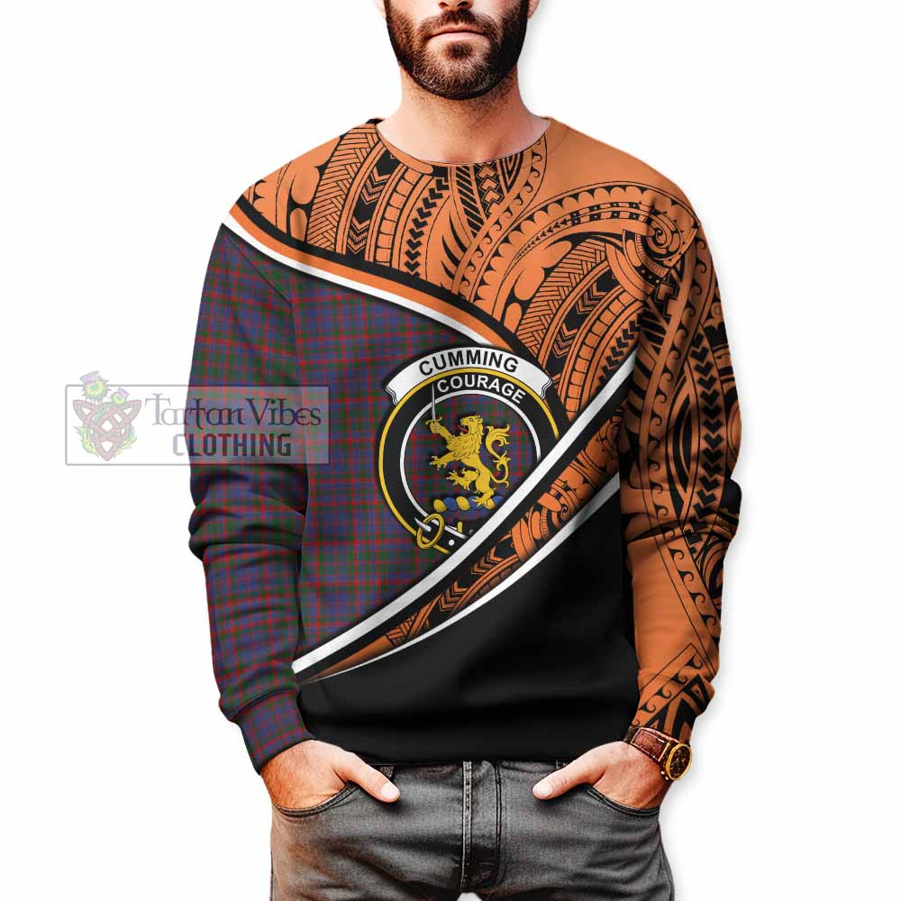 Tartan Vibes Clothing Cumming Crest Tartan Sweatshirt with Maori Tattoo Style - Orange Version