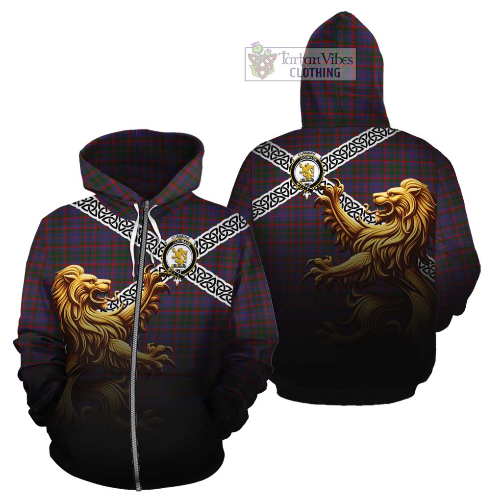 Cumming Crest Tartan Cotton Hoodie with Golden Lion Emblem Celtic Style Zip Hoodie - Tartan Vibes Clothing