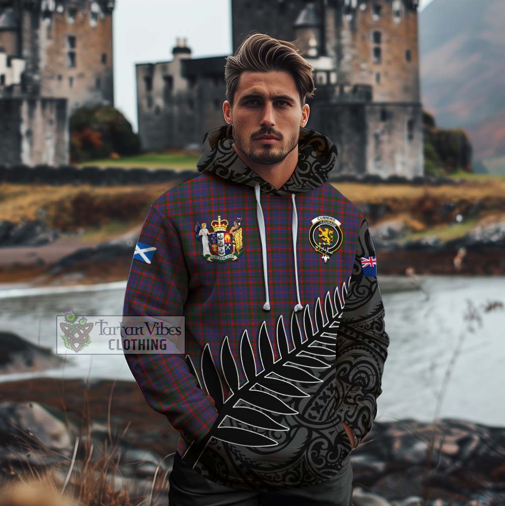 Tartan Vibes Clothing Cumming Crest Tartan Cotton Hoodie with New Zealand Silver Fern Half Style