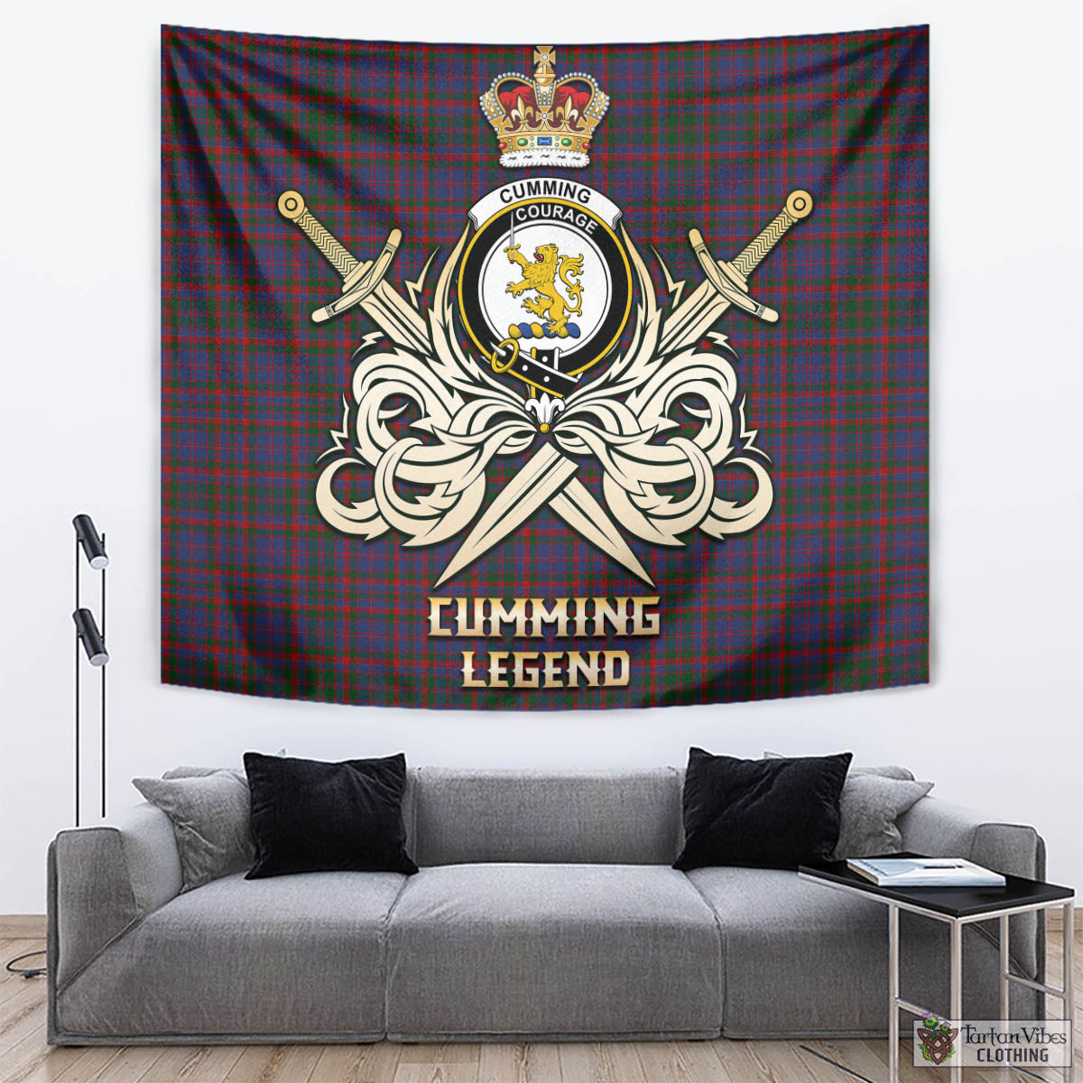 Tartan Vibes Clothing Cumming Tartan Tapestry with Clan Crest and the Golden Sword of Courageous Legacy