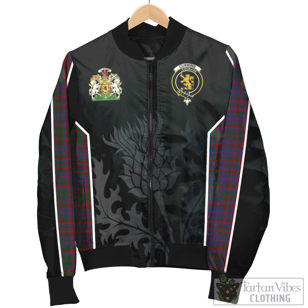 Tartan Vibes Clothing Cumming Tartan Bomber Jacket with Family Crest and Scottish Thistle Vibes Sport Style