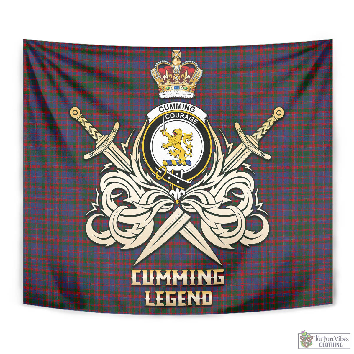 Tartan Vibes Clothing Cumming Tartan Tapestry with Clan Crest and the Golden Sword of Courageous Legacy