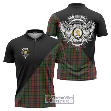 Cumming Hunting Tartan Zipper Polo Shirt with Family Crest and Military Logo Style