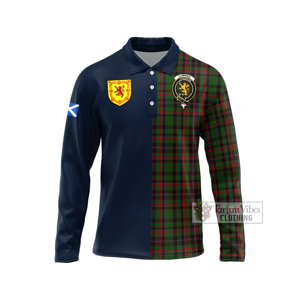 Tartan Vibes Clothing Cumming Hunting Tartan Long Sleeve Polo Shirt with Scottish Lion Royal Arm Half Style