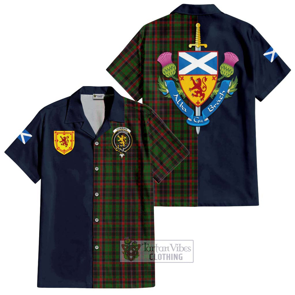 Tartan Vibes Clothing Cumming Hunting Tartan Short Sleeve Button Shirt with Scottish Lion Royal Arm Half Style