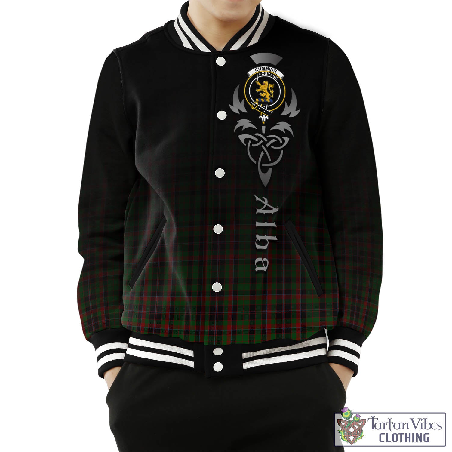 Tartan Vibes Clothing Cumming Hunting Tartan Baseball Jacket Featuring Alba Gu Brath Family Crest Celtic Inspired