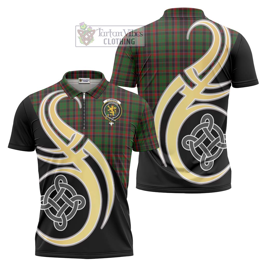 Tartan Vibes Clothing Cumming Hunting Tartan Zipper Polo Shirt with Family Crest and Celtic Symbol Style