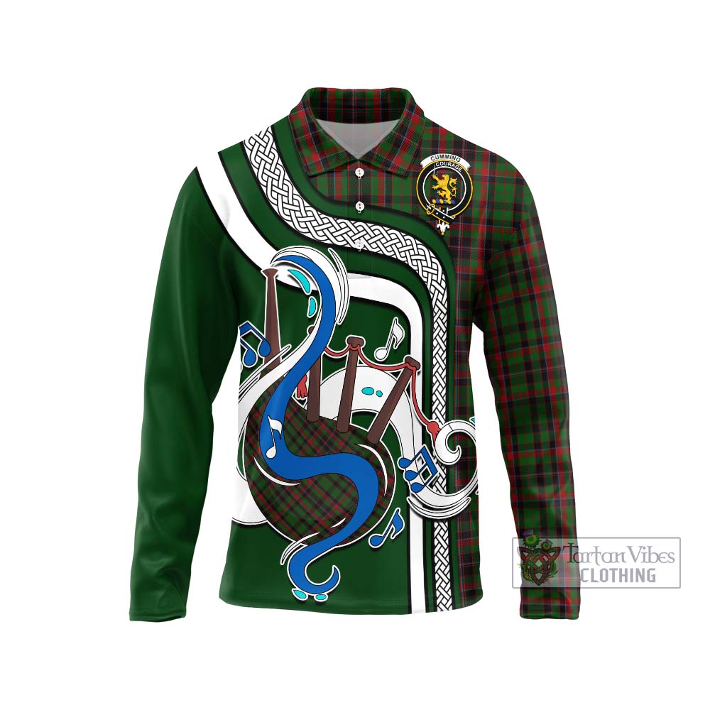 Tartan Vibes Clothing Cumming Hunting Tartan Long Sleeve Polo Shirt with Epic Bagpipe Style