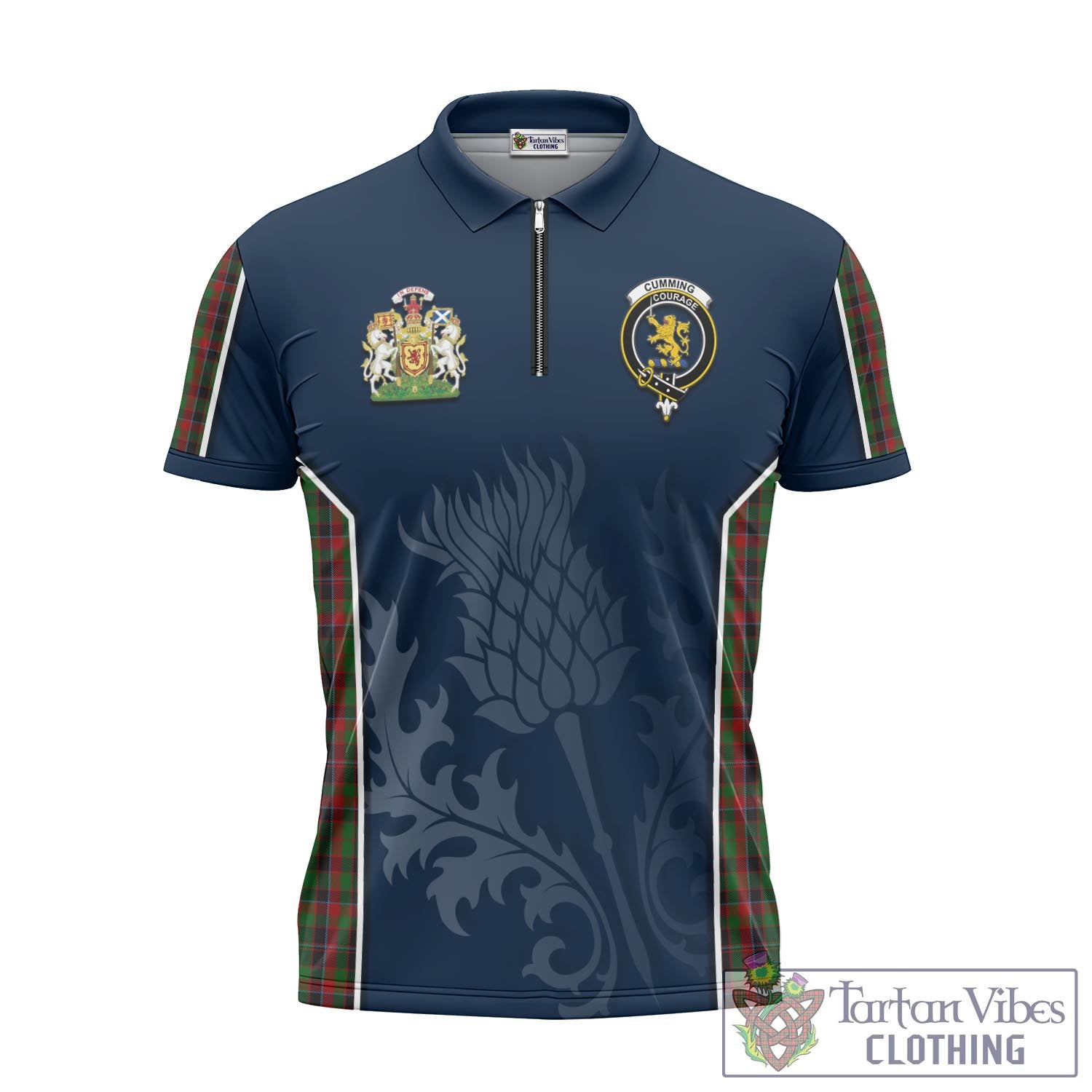 Tartan Vibes Clothing Cumming Hunting Tartan Zipper Polo Shirt with Family Crest and Scottish Thistle Vibes Sport Style