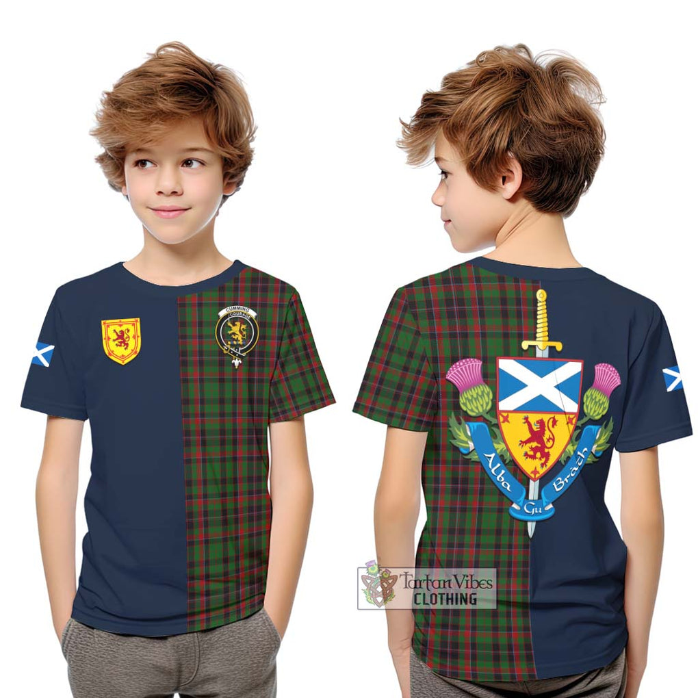 Tartan Vibes Clothing Cumming Hunting Tartan Kid T-Shirt with Scottish Lion Royal Arm Half Style