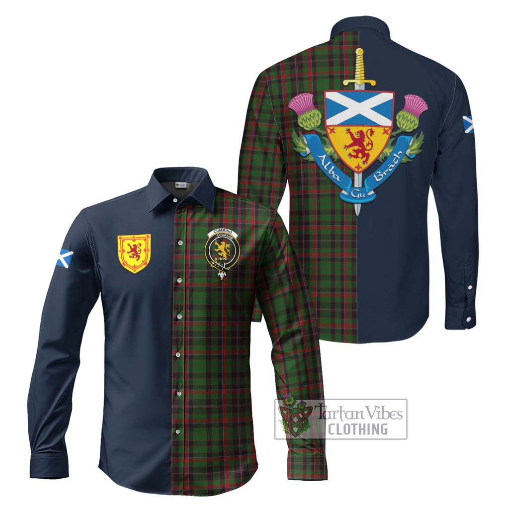 Tartan Vibes Clothing Cumming Hunting Tartan Long Sleeve Button Shirt with Scottish Lion Royal Arm Half Style