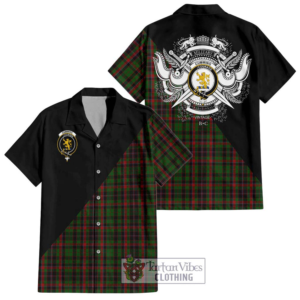 Cumming Hunting Tartan Short Sleeve Button Shirt with Family Crest and Military Logo Style Kid - Tartanvibesclothing Shop