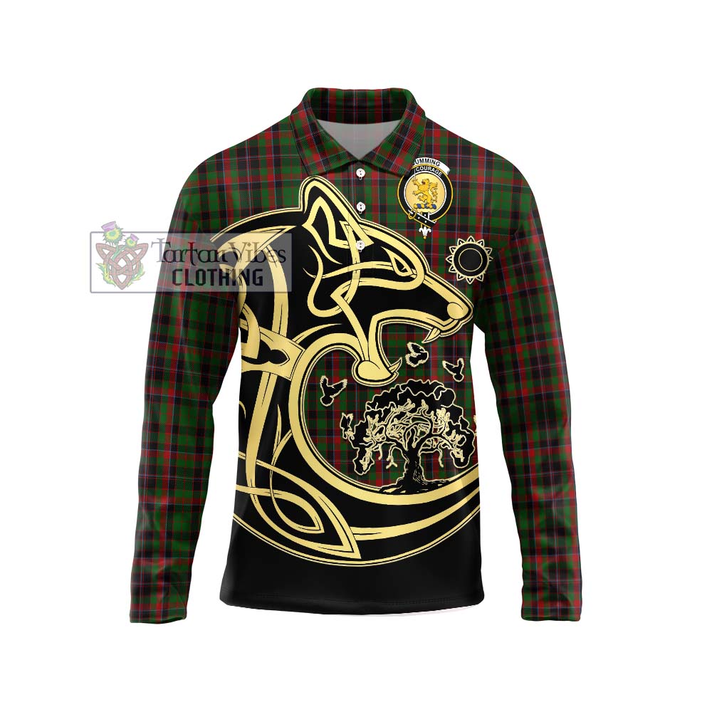 Cumming Hunting Tartan Long Sleeve Polo Shirt with Family Crest Celtic Wolf Style Unisex - Tartanvibesclothing Shop