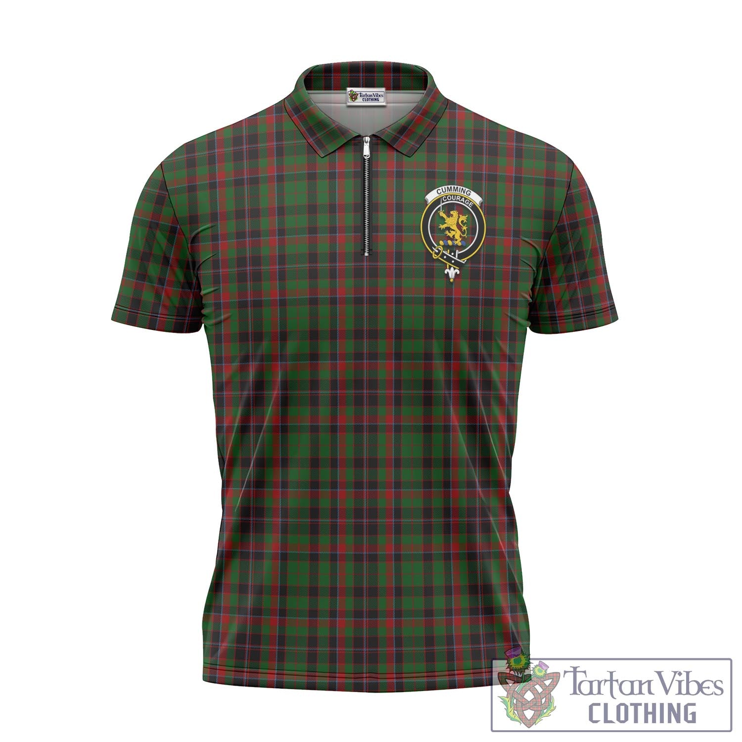 Tartan Vibes Clothing Cumming Hunting Tartan Zipper Polo Shirt with Family Crest