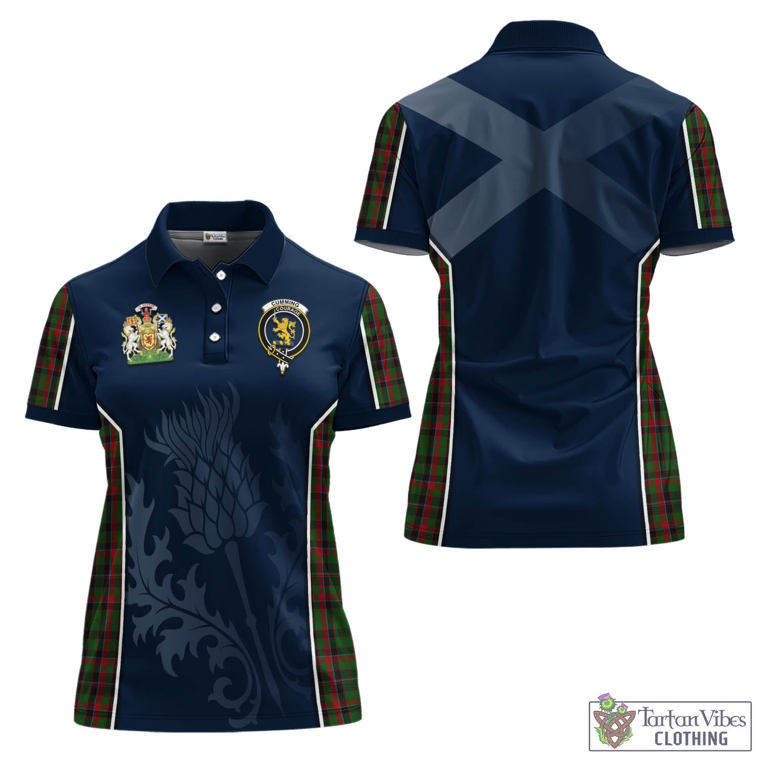 Tartan Vibes Clothing Cumming Hunting Tartan Women's Polo Shirt with Family Crest and Scottish Thistle Vibes Sport Style