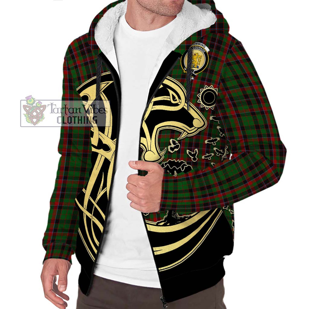 Cumming Hunting Tartan Sherpa Hoodie with Family Crest Celtic Wolf Style Unisex S - Tartan Vibes Clothing